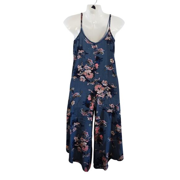Audrey 3+1 Sleeveless Wide Leg Cropped Jumpsuit Tie Front Floral Blue Size Small - Picture 11 of 13